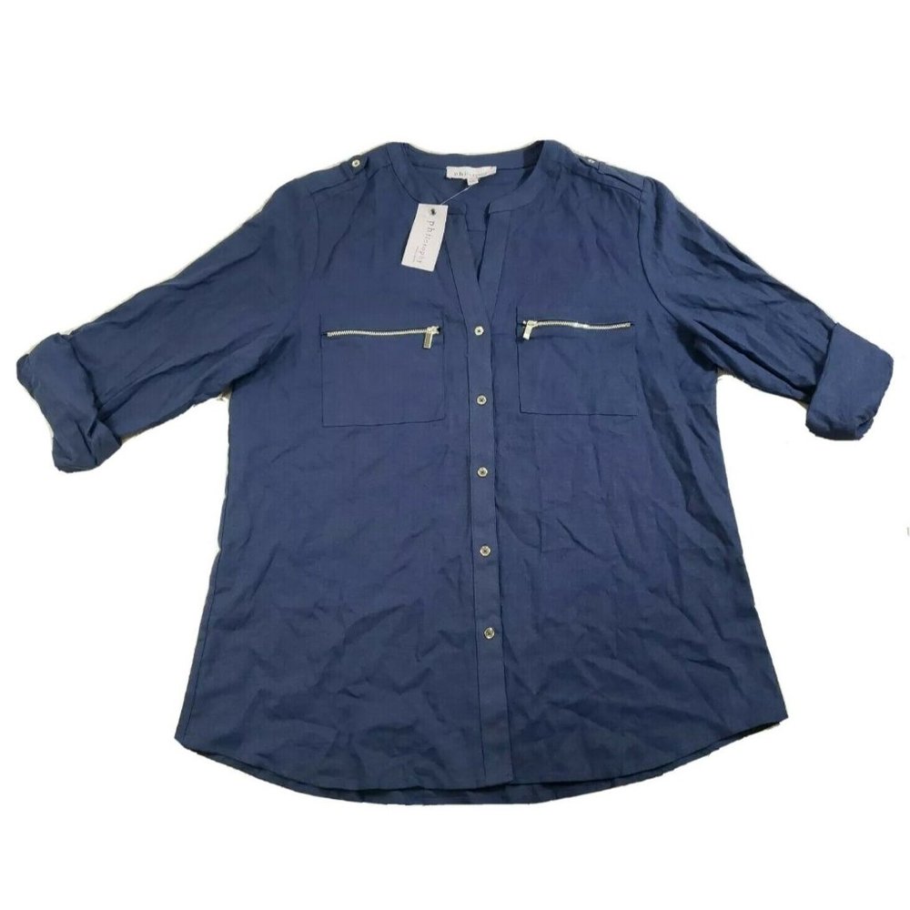 NEW - Philosophy XL Rayon Linen Button Up Blouse Top Mandarin Neck Long Sleeve